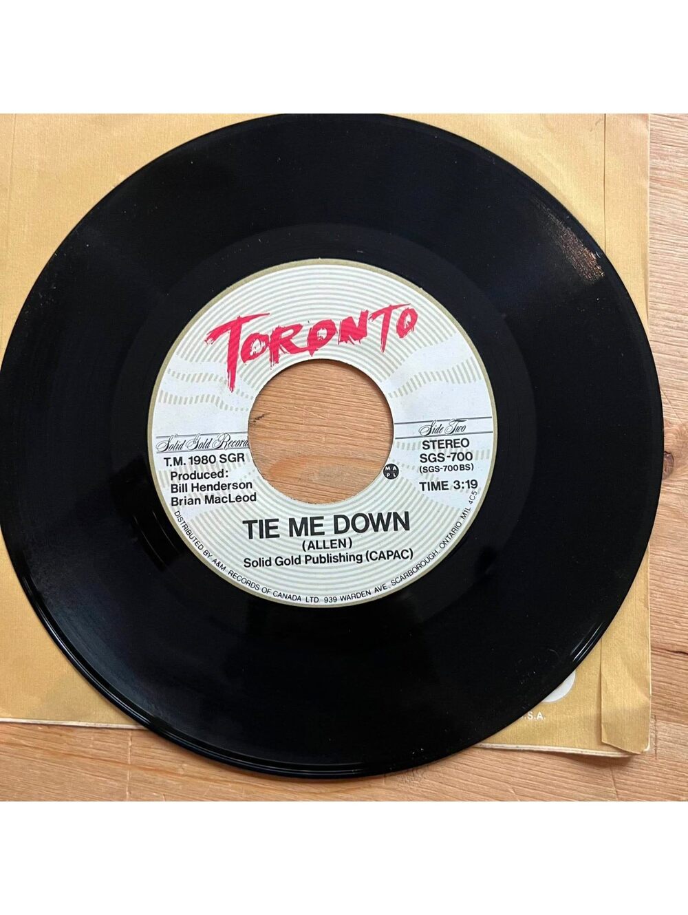 Toronto - Tie me Down/Even the Score 45rpm VG+ R10